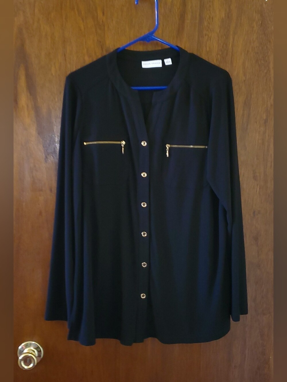 NWOT Susan Graver Liquid Knit Black Tunic Top W/ Gold Zippers Sz Large